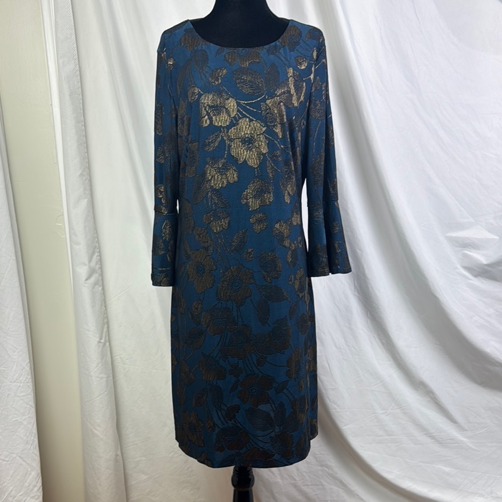 Tommy Hilfiger floral metallic mid length dress with bell sleeves size 14
